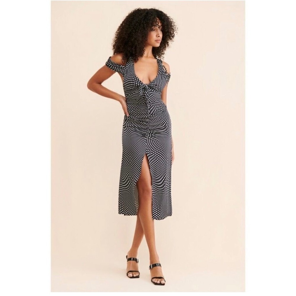 For Love & Lemons Beth Midi Dress Polka Dot Ruched Black Feminine Size Small NWT
